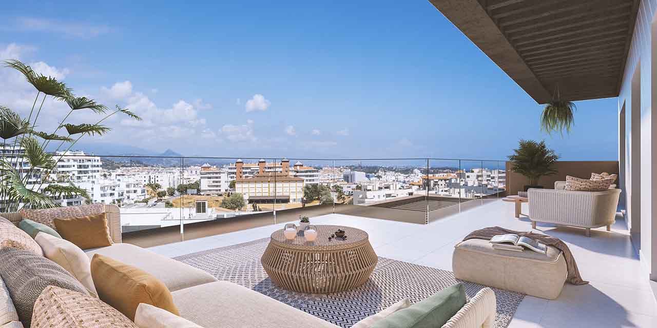 Nya lägenheter med 1, 2 och 3 sovrum, terrass med havsutsikt i Los Jardines på Costa del Sol, Estepona