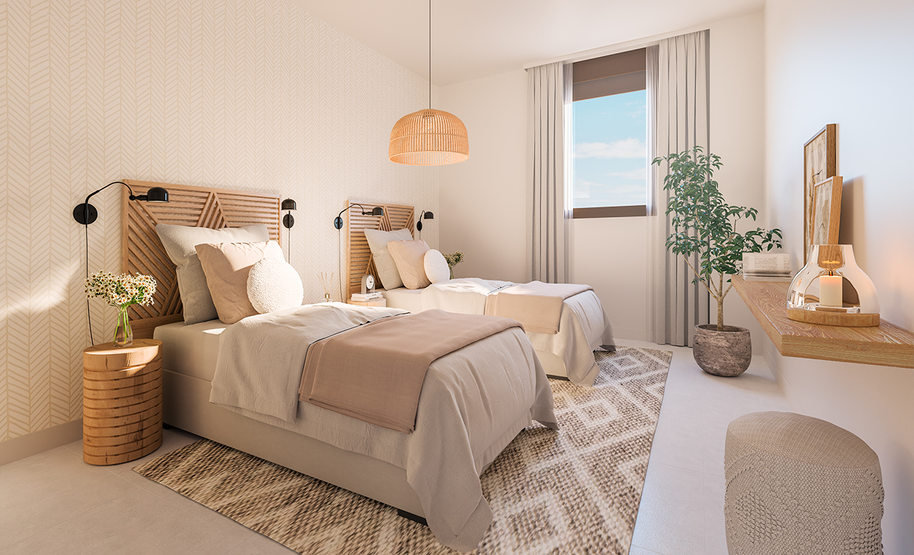 Nye lejligheder med 1, 2 og 3 soveværelser, terrasse med havudsigt i Los Jardines på Costa del Sol, Estepona