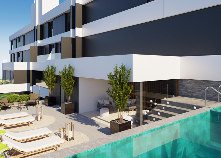 Spektakulär lyxig 2-rumslägenhet i centrala Fuengirola med terrass, parkering och gemensam pool