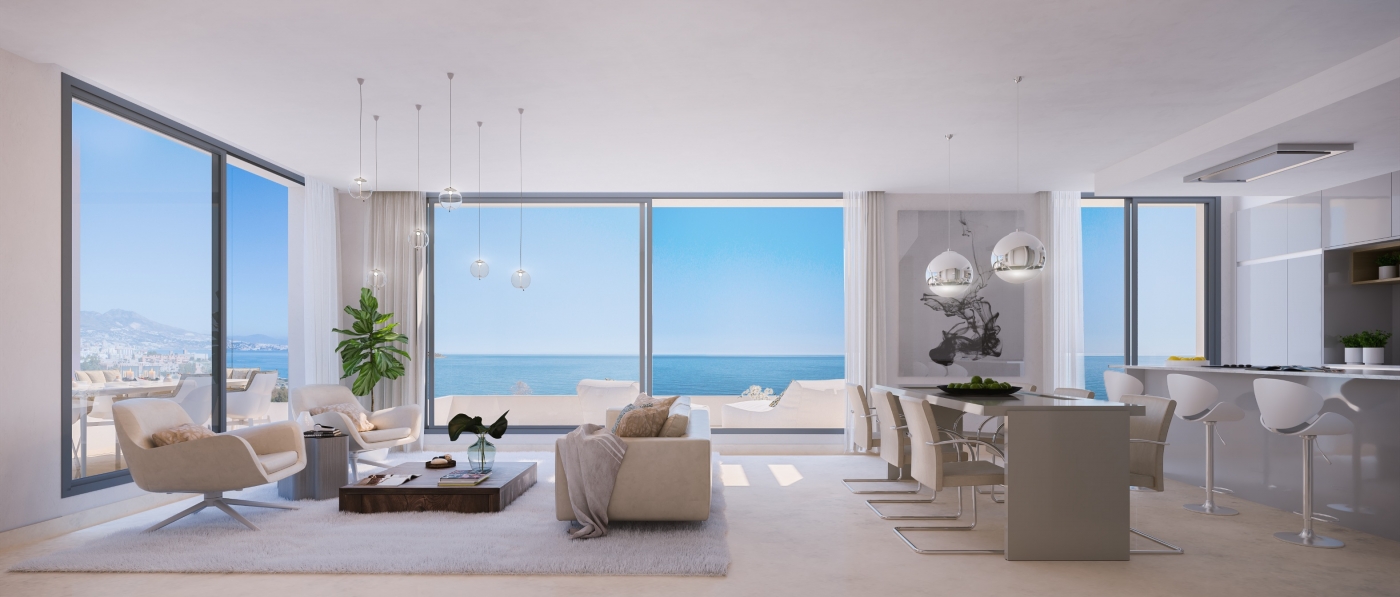 Exclusive Luxury Apartments Mijas Costa merinäköalalla, terassilla, uima-altaalla ja pysäköintialueella