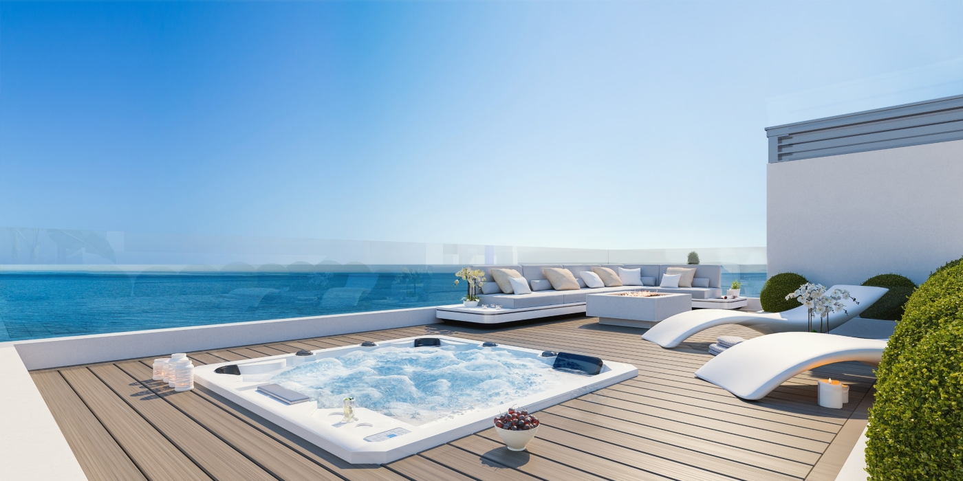 Eksklusive luksuslejligheder i Mijas Costa med havudsigt, med terrasse, fælles pool og parkering