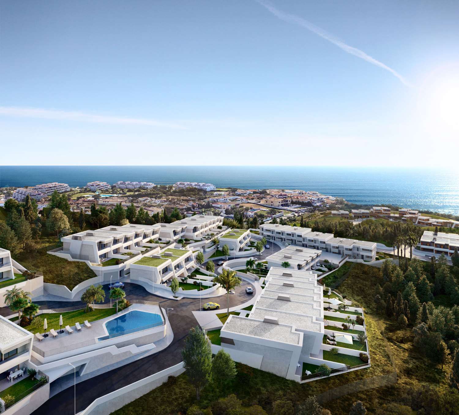 Exklusiva lyxiga radhus med panoramautsikt över havet i naturparken Chaparral, Mijas Costa