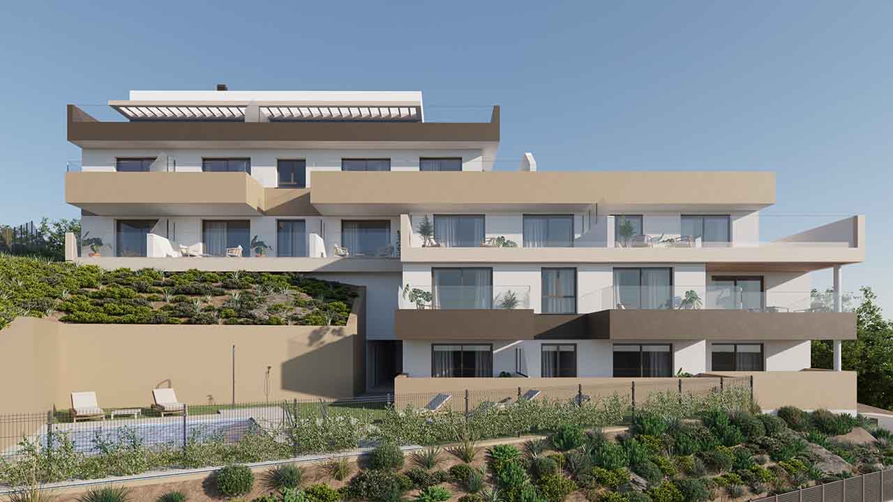 Uusia huoneistoja 1, 2 ja 3 makuuhuoneella, terassilla merinäköalalla Los Jardinesissa Costa del Solissa, Esteponassa