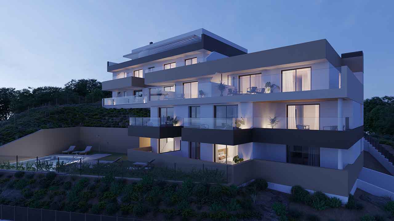 Uusia huoneistoja 1, 2 ja 3 makuuhuoneella, terassilla merinäköalalla Los Jardinesissa Costa del Solissa, Esteponassa