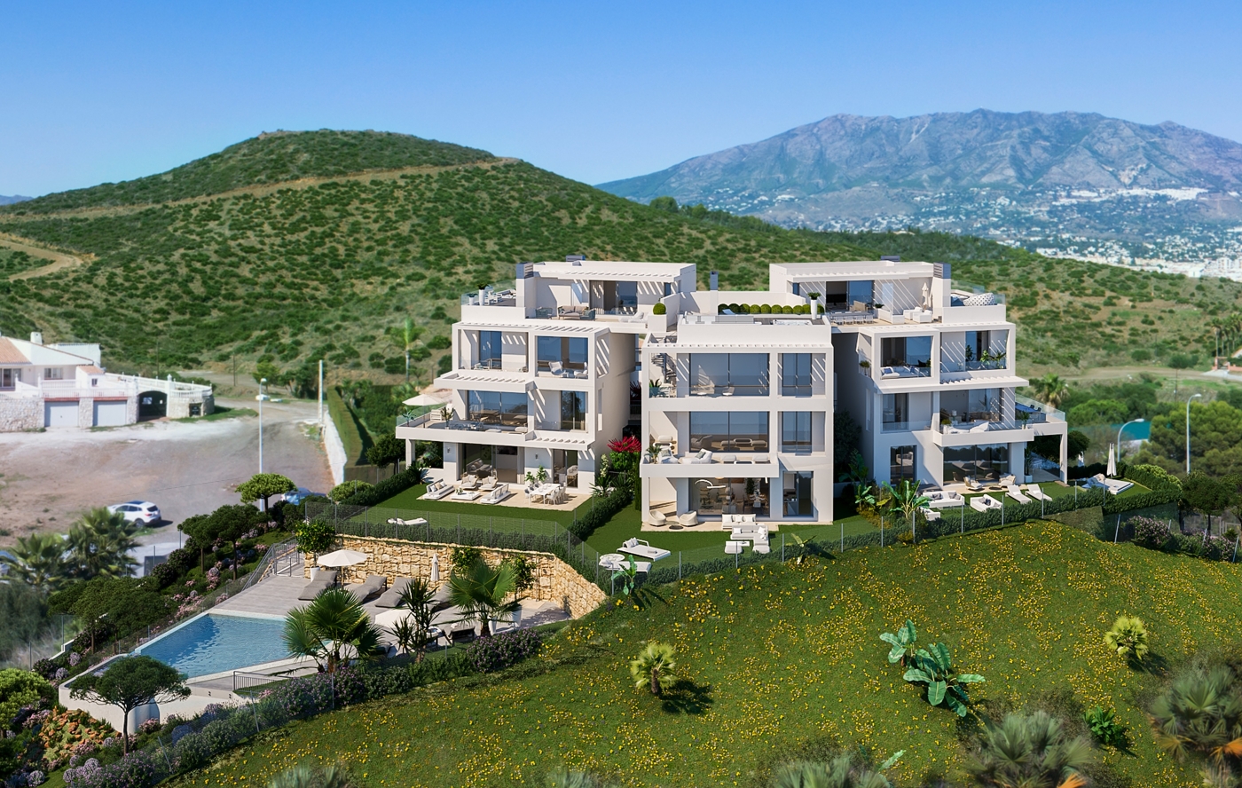 Esclusivi appartamenti di lusso a Mijas Costa con vista sul mare, con terrazza, piscina condominiale e parcheggio